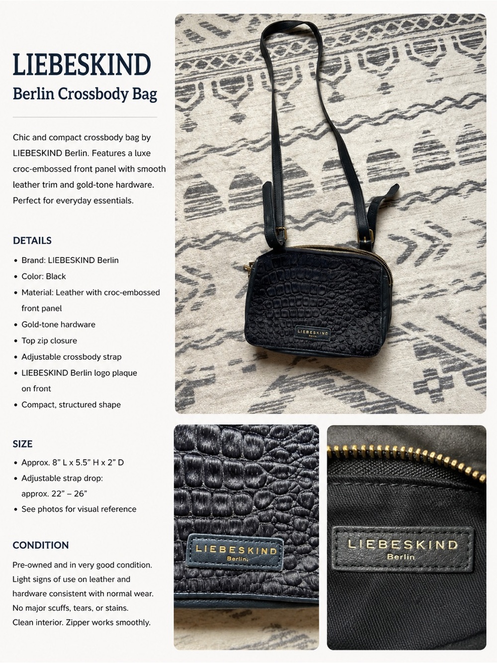 Liebeskind Black Croc-Embossed Leather Belt Bag with Gold Hardware